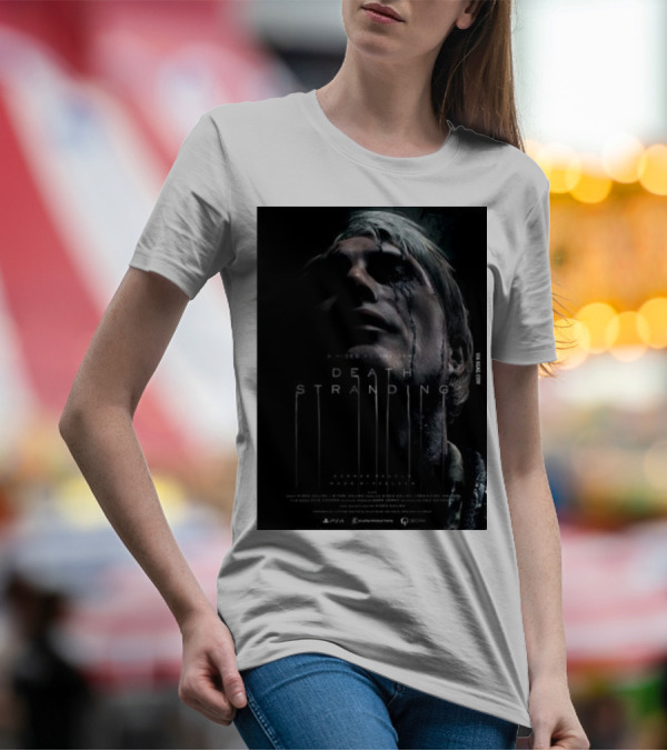 A Hideo Kojima Game Death Stranding Poster With Actor's Face And Title In Dripping T-Shirt