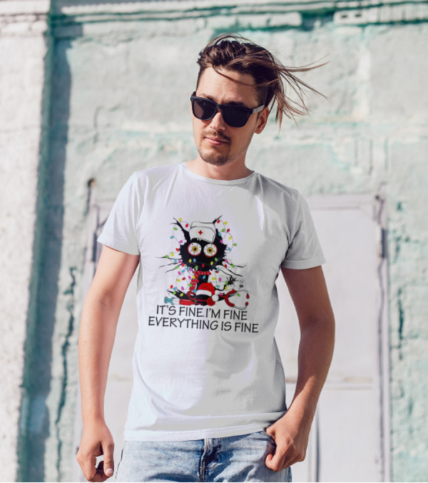 Black Cat Nurse It's Fine I'm Fine Everything Is Fine Christmas Lights Stethoscope T-Shirt