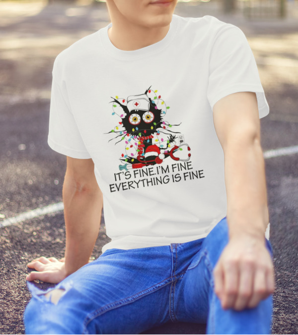 Black Cat Nurse It's Fine I'm Fine Everything Is Fine Christmas Lights Stethoscope T-Shirt