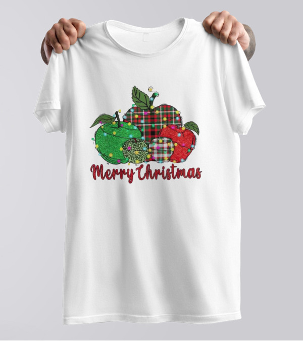Merry Christmas Apples Plaid And Lights T-Shirt