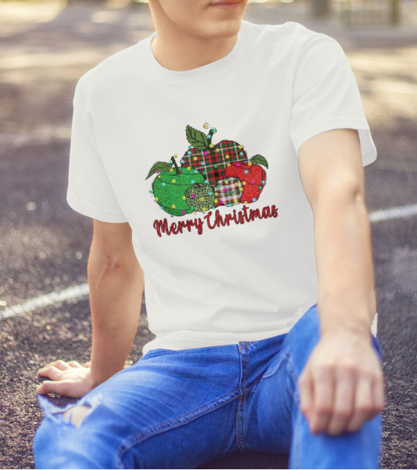 Merry Christmas Apples Plaid And Lights T-Shirt