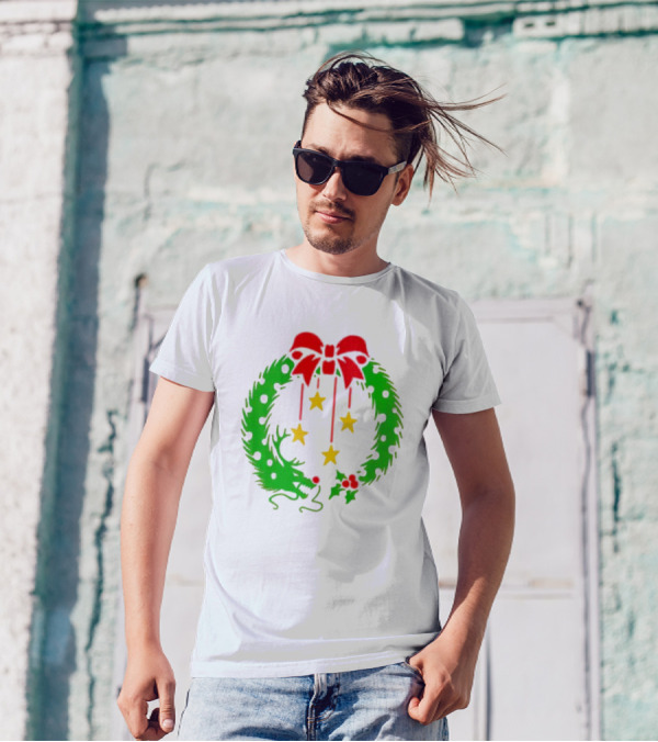 Christmas Wreath Dragon With Four Stars And Red Bow T-Shirt