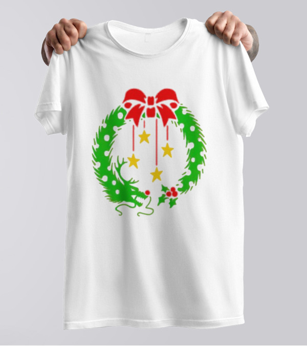 Christmas Wreath Dragon With Four Stars And Red Bow T-Shirt