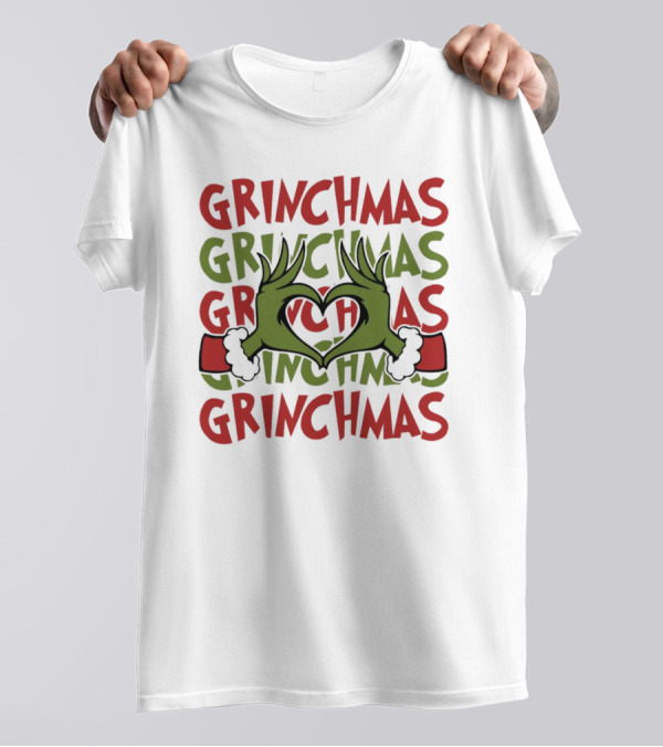 Grinch Hand Heart Love Grinchmas Repeating Text T-Shirt