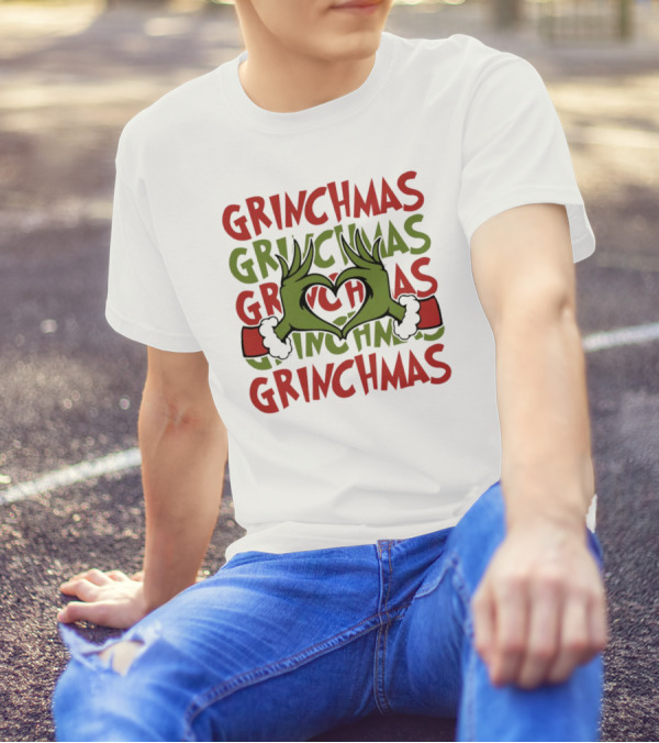 Grinch Hand Heart Love Grinchmas Repeating Text T-Shirt