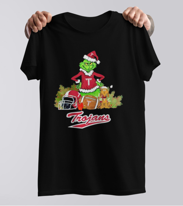 Grinch Troy Trojans Christmas Football Festive Scene T-Shirt