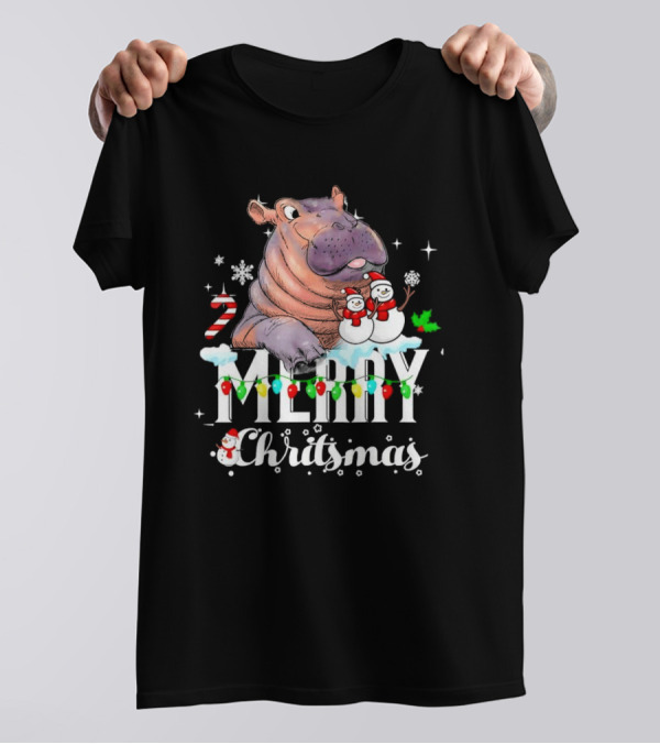 Hippo Merry Christmas Snowmen Candy Cane Lights T-Shirt