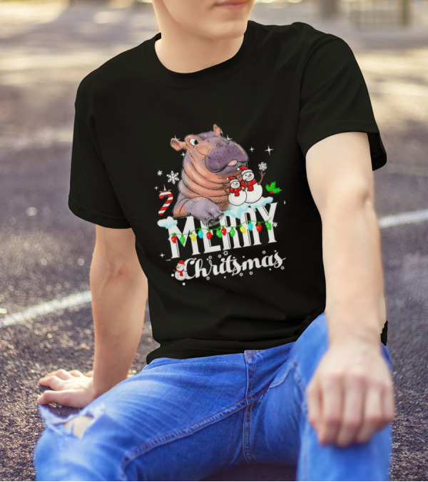 Hippo Merry Christmas Snowmen Candy Cane Lights T-Shirt
