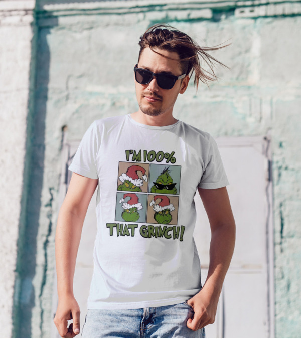 I'm 100% That Grinch Christmas Icon With Santa Hat And Sunglasses T-Shirt