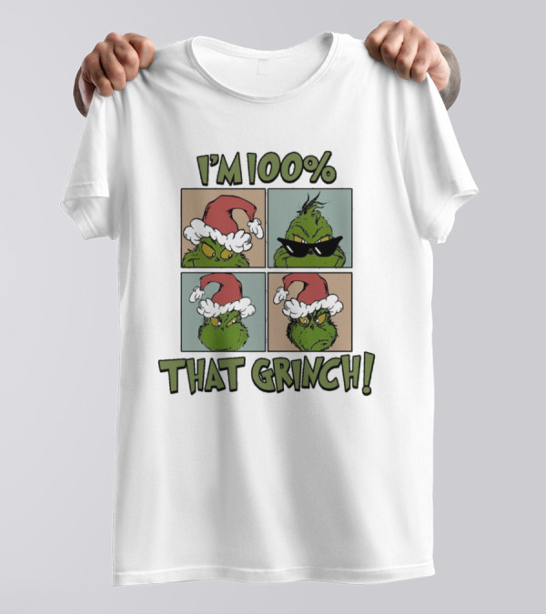 I'm 100% That Grinch Christmas Icon With Santa Hat And Sunglasses T-Shirt