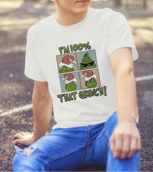 I'm 100% That Grinch Christmas Icon With Santa Hat And Sunglasses T-Shirt