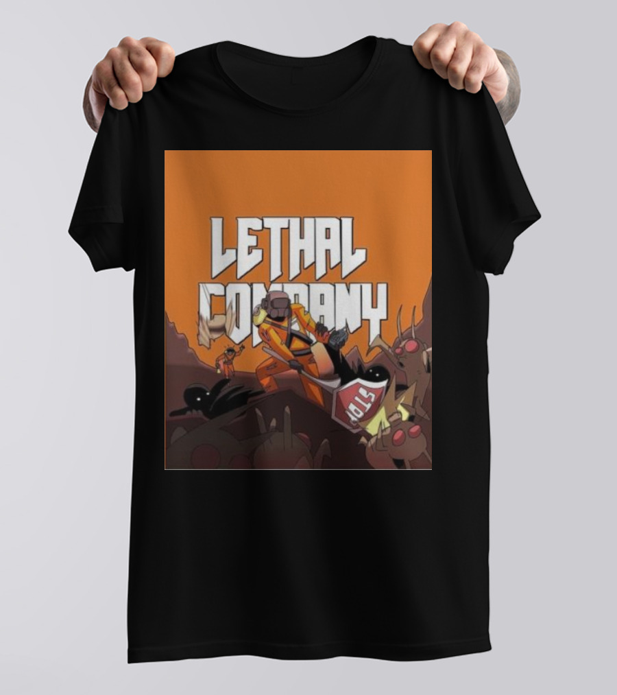 Lethal Company Stop Sign Creature Battle Scene T-Shirt