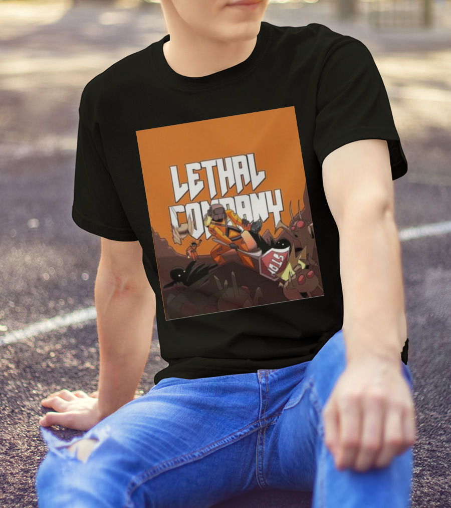 Lethal Company Stop Sign Creature Battle Scene T-Shirt