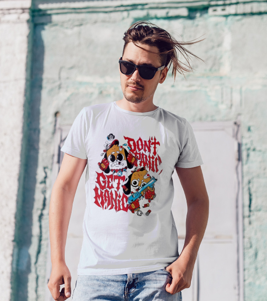 Don’t Panic Get Manic Cartoon Bears In Red And Black With Blue Gun T-Shirt