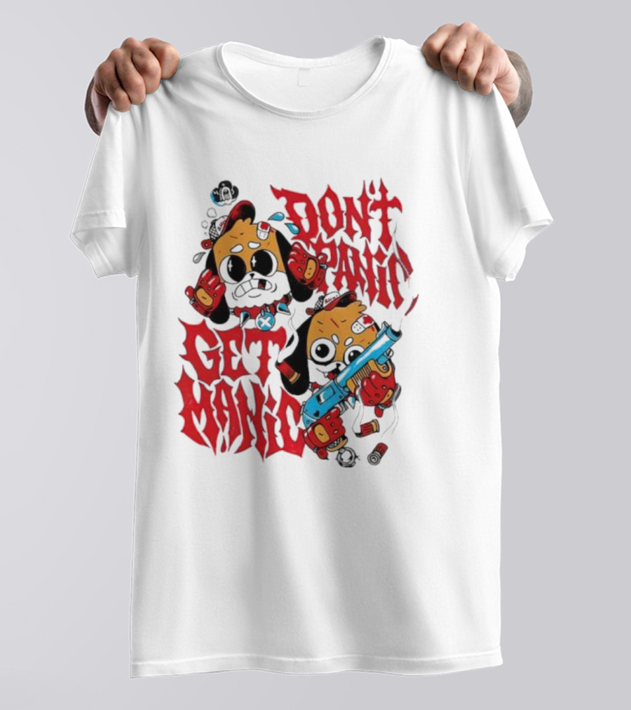 Don’t Panic Get Manic Cartoon Bears In Red And Black With Blue Gun T-Shirt