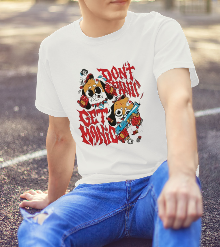 Don’t Panic Get Manic Cartoon Bears In Red And Black With Blue Gun T-Shirt