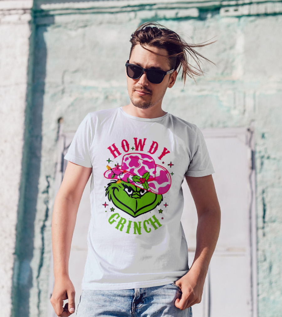 Howdy Grinch Christmas Cowboy Hat Festive Lights T-Shirt