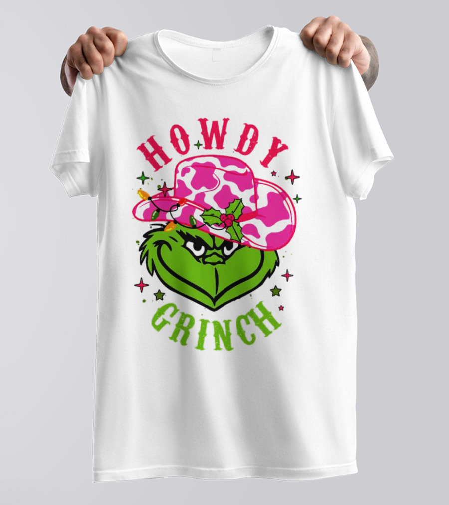 Howdy Grinch Christmas Cowboy Hat Festive Lights T-Shirt