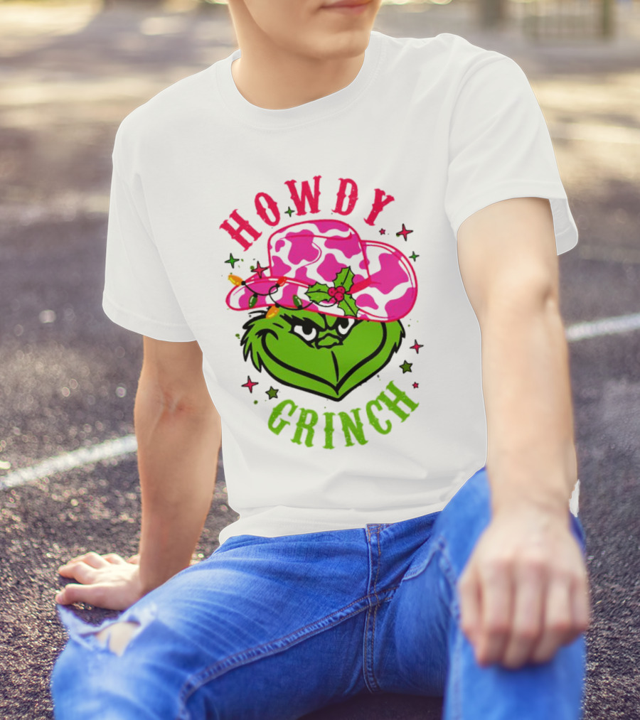 Howdy Grinch Christmas Cowboy Hat Festive Lights T-Shirt