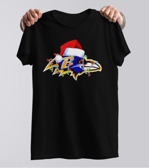 Baltimore Ravens Christmas Lights Santa Hat T-Shirt