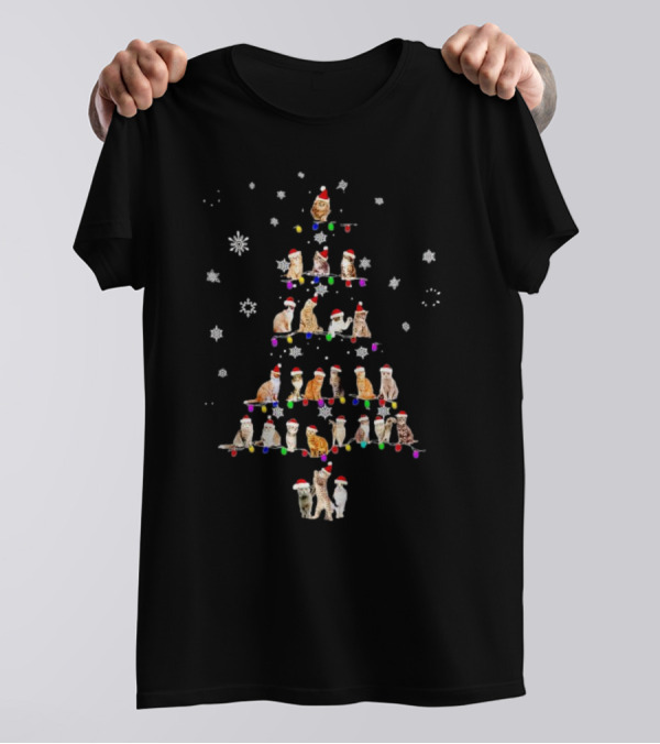 Cats With Santa Hats And Christmas Lights In Tree Shape T-Shirt