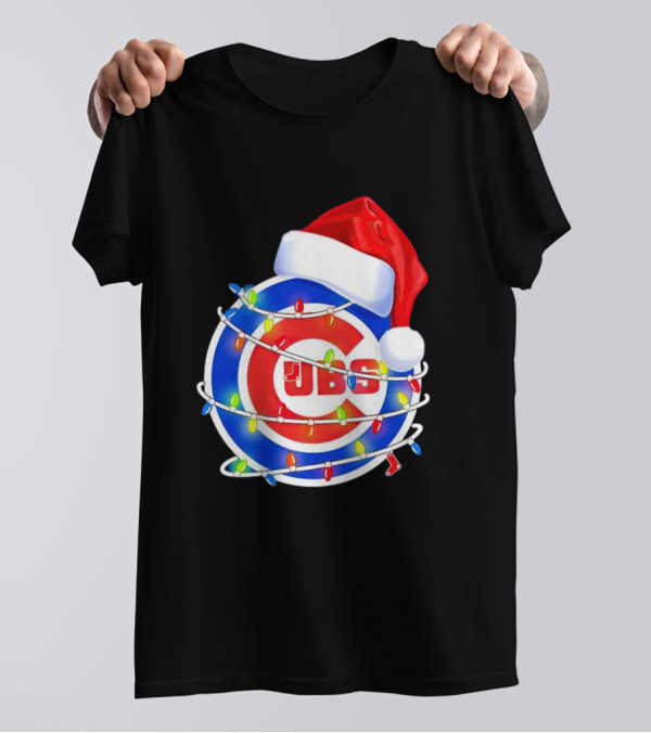 Chicago Cubs Festive Christmas Lights With Santa Hat T-Shirt