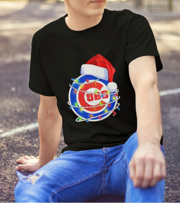 Chicago Cubs Festive Christmas Lights With Santa Hat T-Shirt