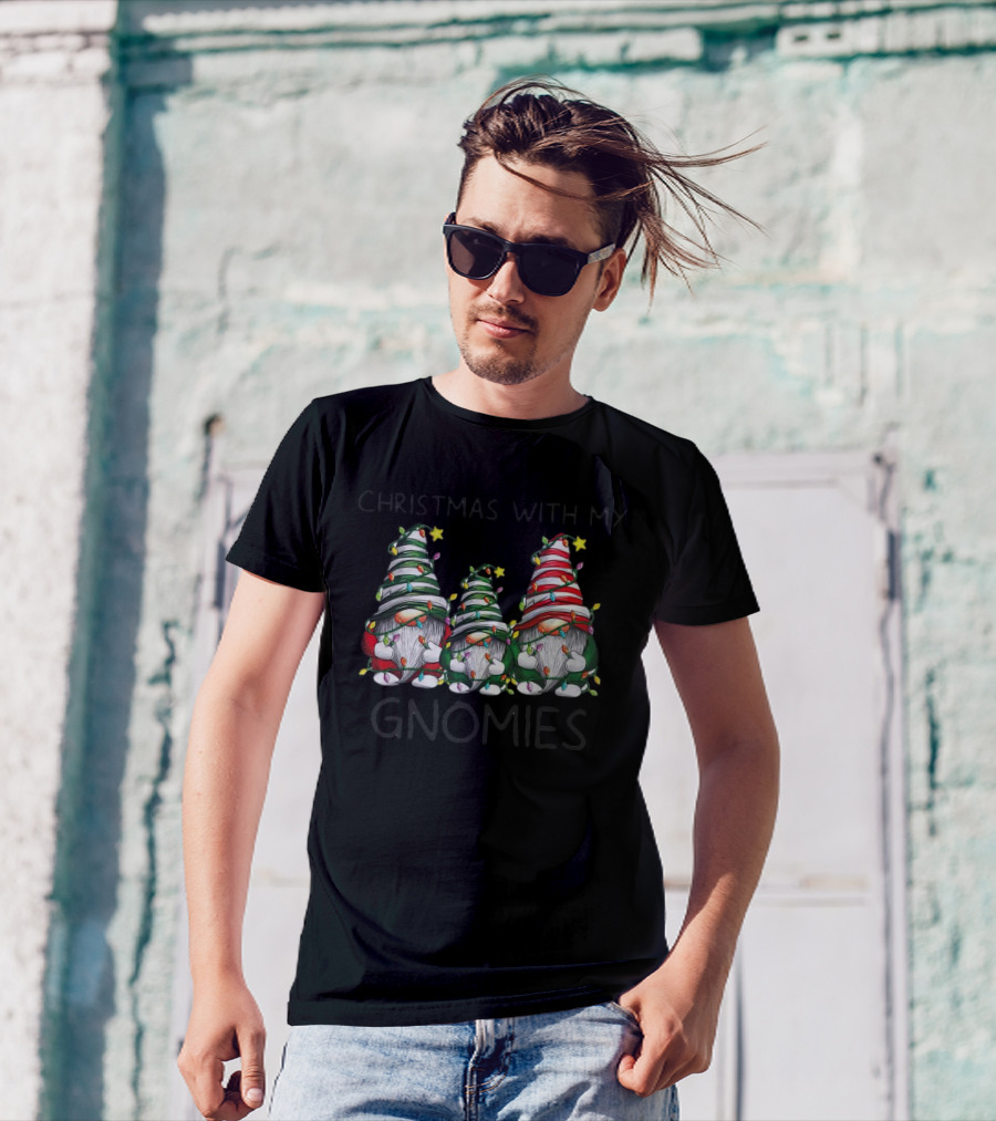 Christmas With My Gnomies Festive Holiday Lights Gnome Trio T-Shirt