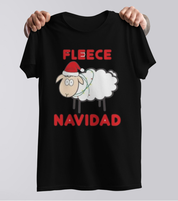 Fleece Navidad Christmas Sheep With Santa Hat And Festive Lights T-Shirt