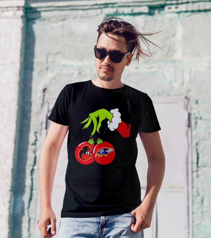 Grinch Hand Holding Baltimore Ravens And Orioles Christmas Ornaments T-Shirt