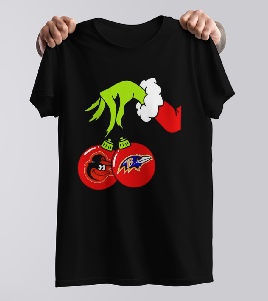Grinch Hand Holding Baltimore Ravens And Orioles Christmas Ornaments T-Shirt