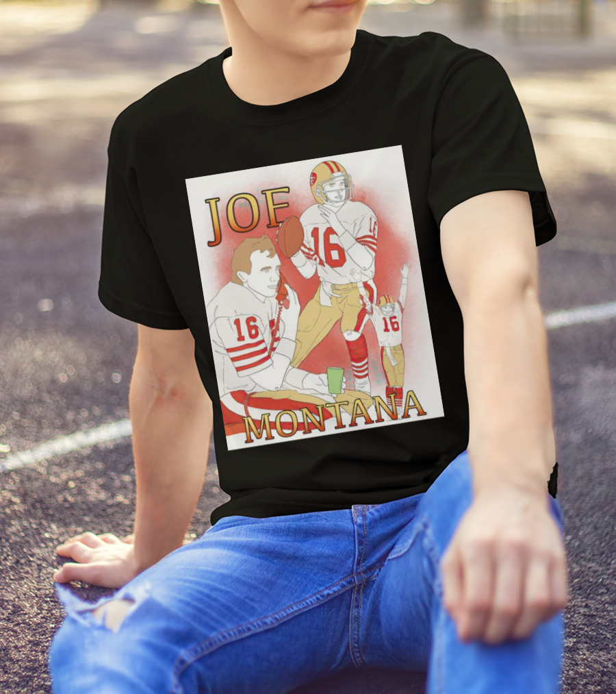 Joe Montana Football Quarterback Collage 16 Red And Gold T-Shirt