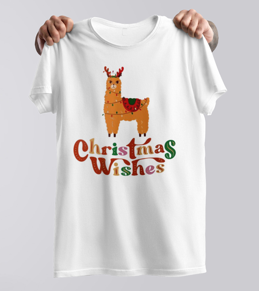 Christmas Wishes Llama Reindeer With Lights T-Shirt