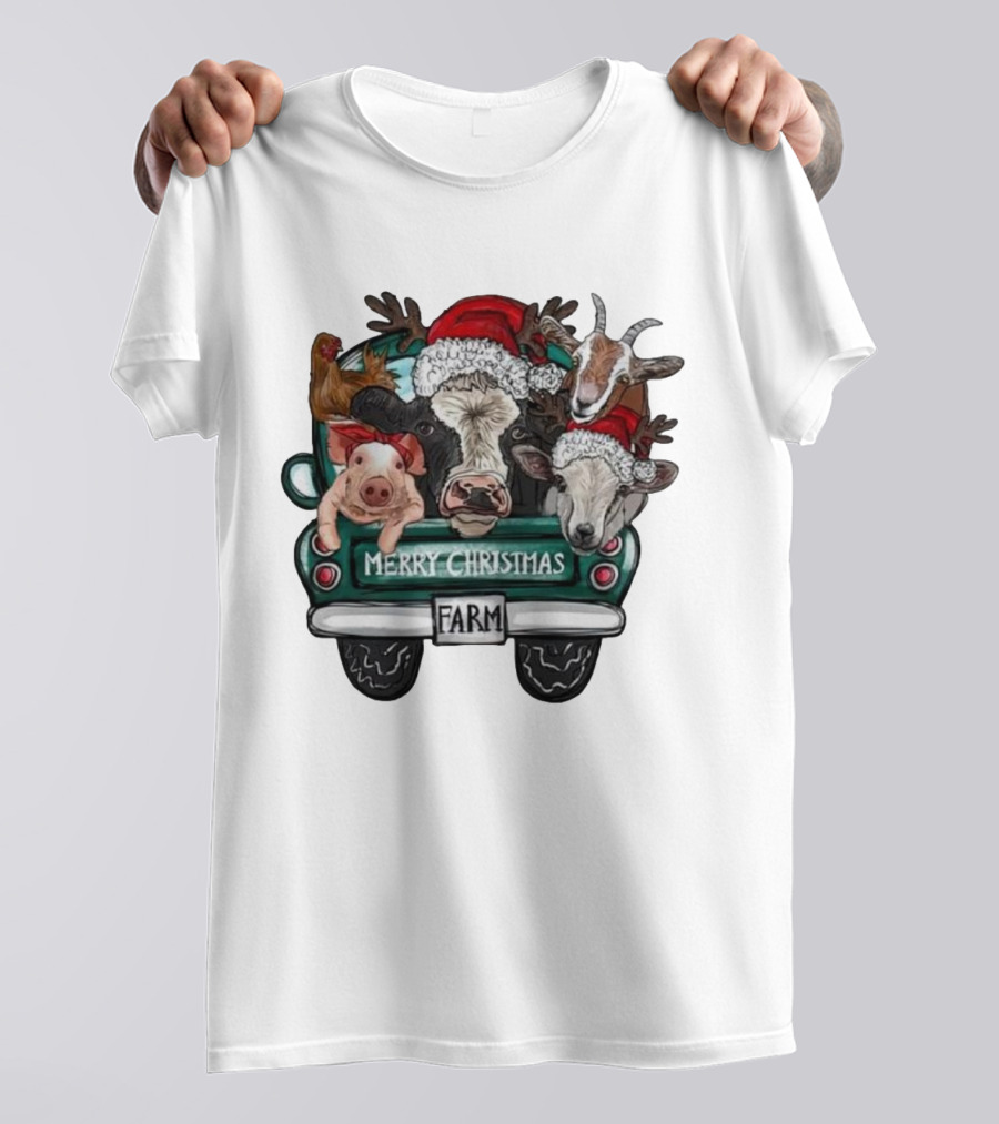 Merry Christmas Farm Animals In Holiday Truck T-Shirt