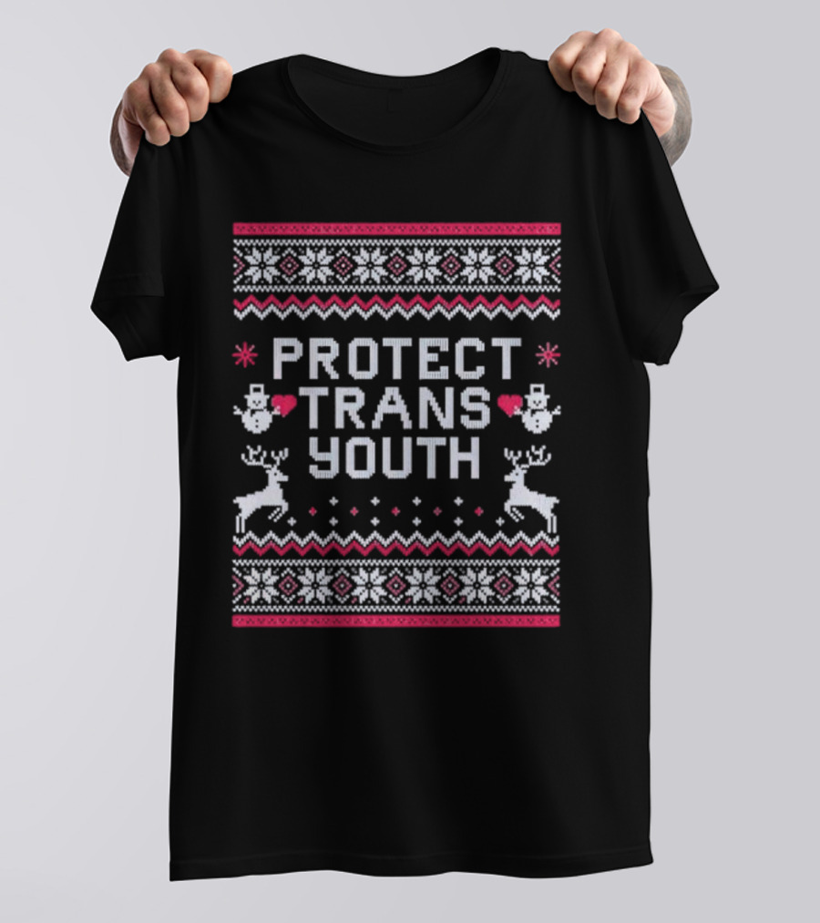 PROTECT TRANS YOUTH Snowflakes Reindeer Hearts Snowmen T-Shirt