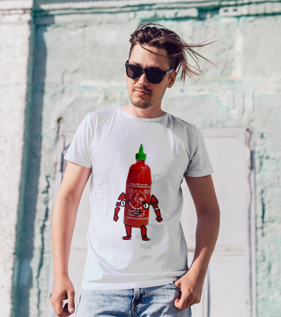 Sriracha Sauce Animated Bottle Character With Green Cap T-Shirt