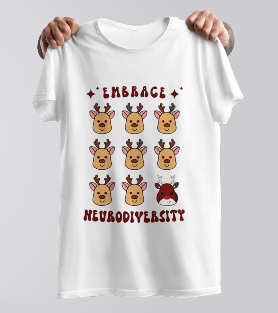 Embrace Neurodiversity Reindeer Faces Red Nose T-Shirt