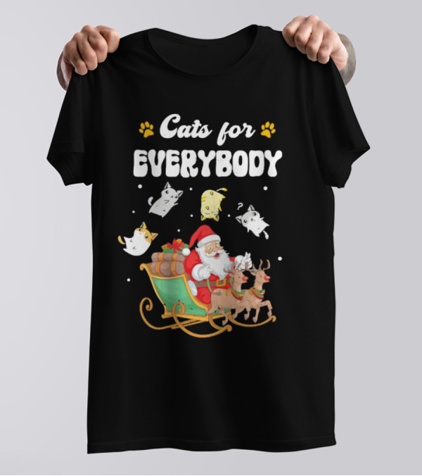 Santa With Flying Cats And Reindeer Sleigh For Everybody Christmas T-Shirt
