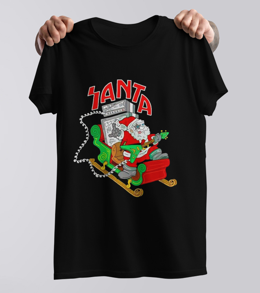 Santa Rocks Sleigh With Guitar And Amps Christmas T-Shirt