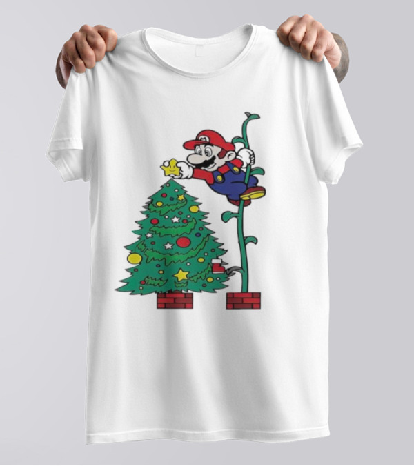 Super Mario Decorating Christmas Tree With Power-Up Star And Brick Blocks T-Shirt