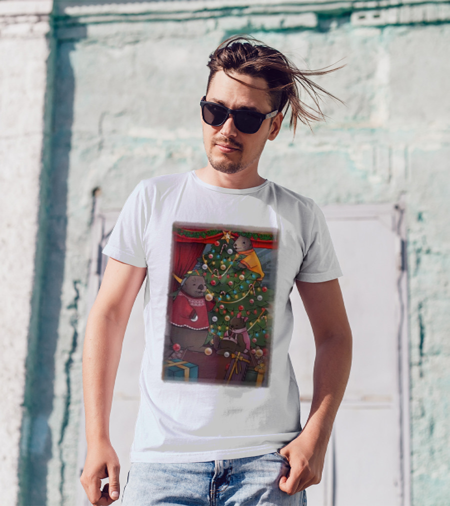 Tazz Talks Christmas Tree Celebrations With Adorable Bear Family Holiday Scene T-Shirt