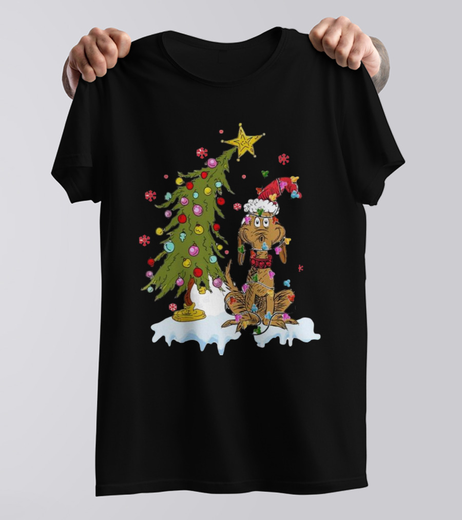 Christmas Max Dog Wrapped In Lights With Grinch Tree Scene T-Shirt