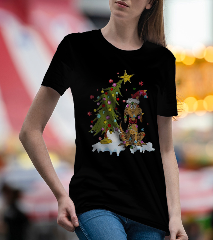 Christmas Max Dog Wrapped In Lights With Grinch Tree Scene T-Shirt