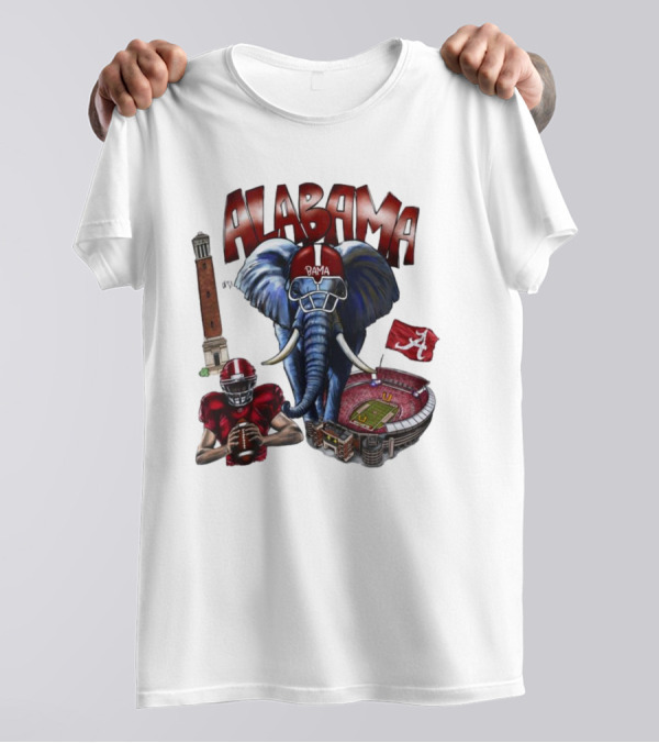 Alabama Crimson Tide Football Elephant Stadium Football Player Old Main Tower Bama T-Shirt