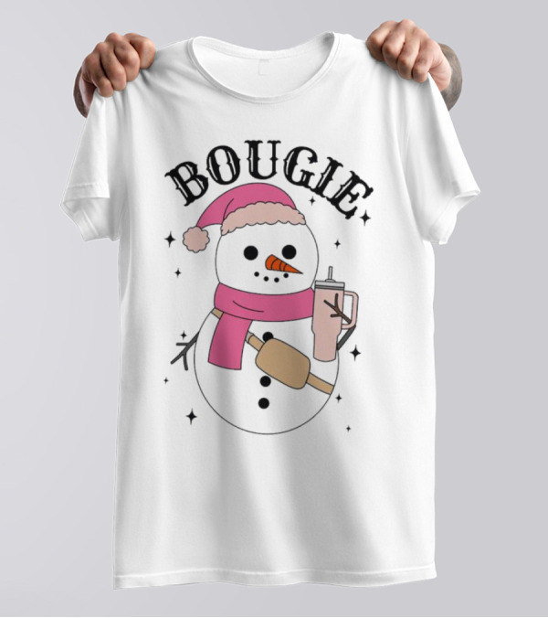 BOUGIE Snowman In Pink Hat And Scarf With Drink Cup T-Shirt