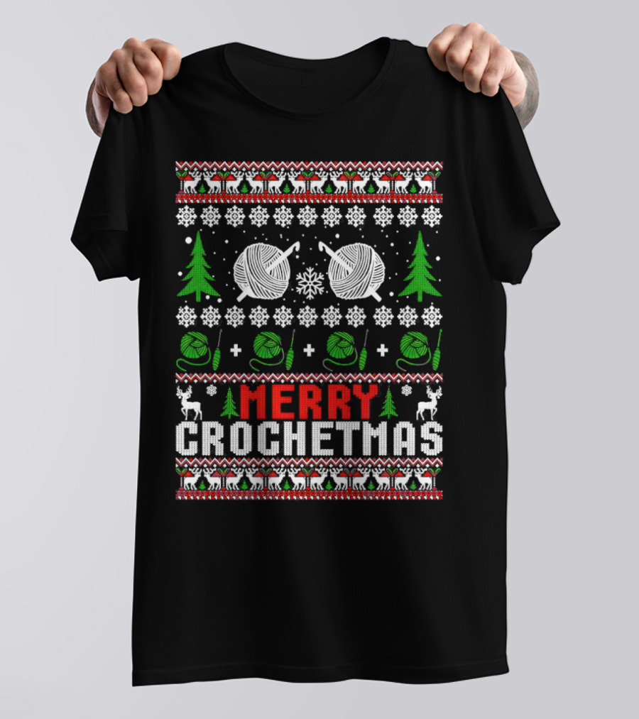 Merry Crochetmas Christmas Yarn Balls Snowflakes Trees Reindeer T-Shirt
