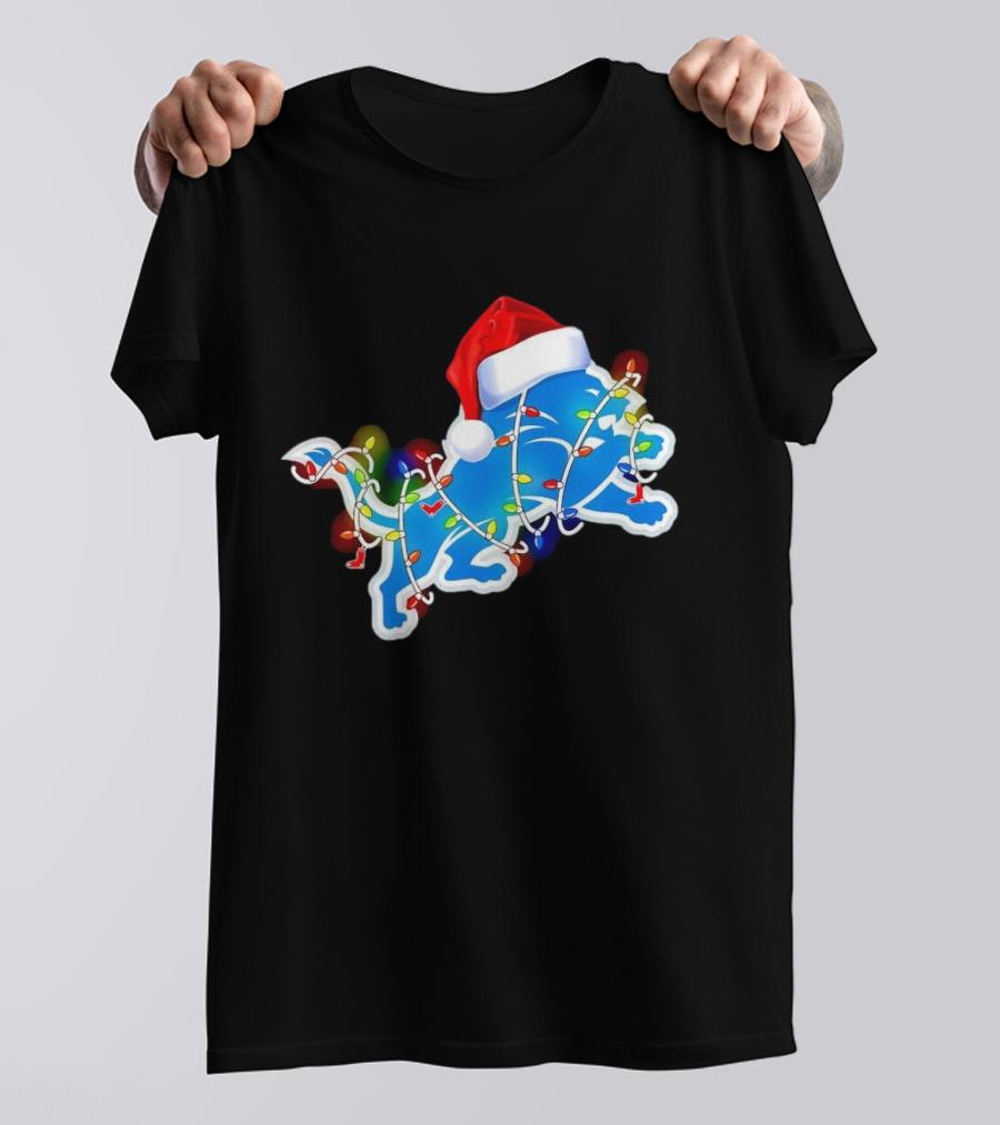 Detroit Lions Christmas Lights Santa Hat Holiday Football T-Shirt
