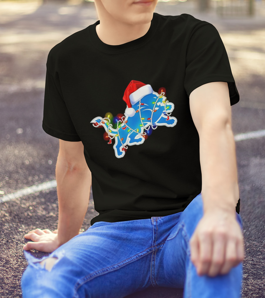 Detroit Lions Christmas Lights Santa Hat Holiday Football T-Shirt