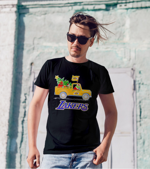 Grinch Driving Los Angeles Lakers Truck With Christmas Tree T-Shirt