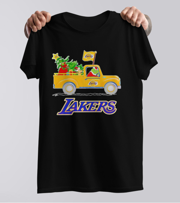 Grinch Driving Los Angeles Lakers Truck With Christmas Tree T-Shirt